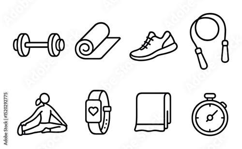 Cardio fitness icons set – outline style, health and exercise symbols for wellness