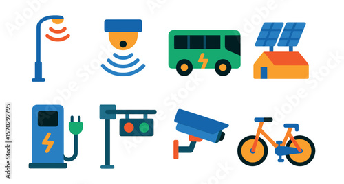 Flat vector icons of smart city infrastructure: smart street light, motion sensors, electric bus, rooftop solar panels, EV charging station, traffic monitoring system, security camera, bike-sharing