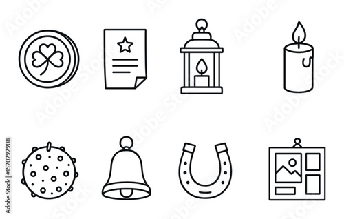 Home celebration line icons set – outline, cozy party and festive decor symbols