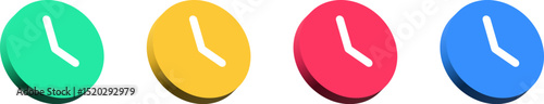 set of 3D colorful clock icons in in green, yellow, red, and blue, various colors. representing time, deadlines, and scheduling for digital interfaces and applications