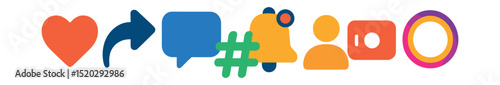 Flat vector icons of social media activities: like button, share arrow, comment bubble, notification bell, hashtag, follower, live video, story highlight.