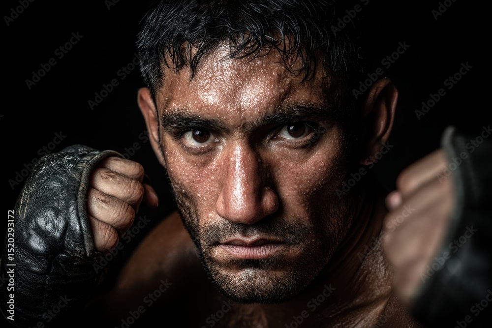 Obraz premium Close-up portrait of a determined fighter with sweat, wearing boxing gloves, with an intense gaze and dramatic dark background, showcasing strength and focus.