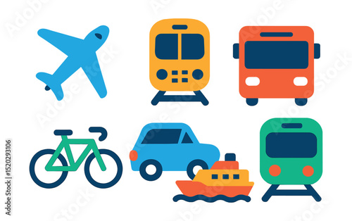 Flat vector icons of travel transport: airplane, train, bus, taxi, bicycle, car, ferry, subway.