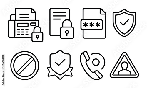 Fax setup line icons set – outline, office communication and document symbols