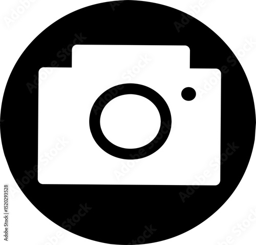 White camera icon with black round background in flat style. Perfect for social media or photographic button.
