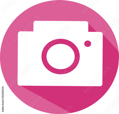 White camera icon with purple pink round background and shadow in flat style. Perfect for social media or photographic button.