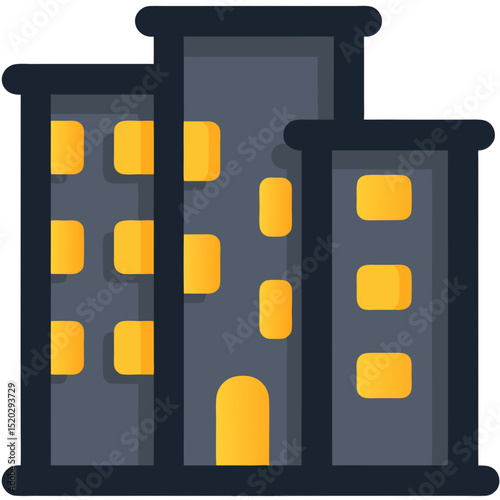 Stylized Cityscape Icon with Illuminated Windows at Night