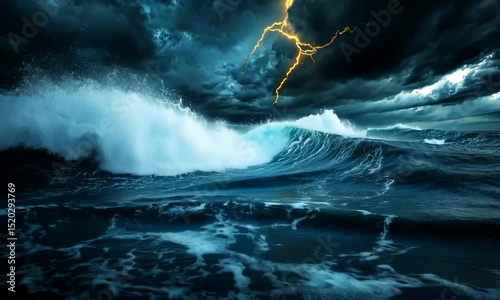 Stormy sea with large waves and lightning photo