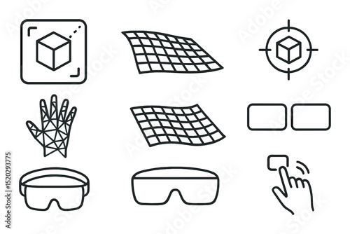 Vr interface elements line icons set – outline, ui, ux, interactive symbols