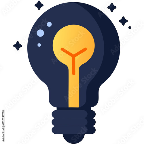 Stylized Dark Blue Light Bulb with Orange Filament and Sparkles