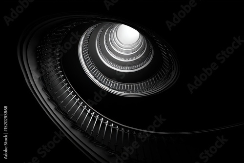 Abstract view of a spiraling staircase with intricate railings leading upwards, bathed in subtle light, creating a mesmerizing architectural detail with monochrome elegance.