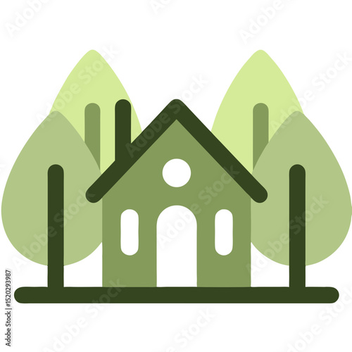 Stylized Green House Icon with Trees Simple Design