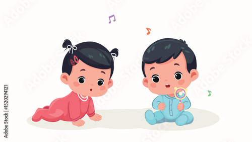 cute little babies play together and feel happy cartoon vector flat design