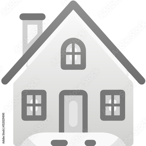 Stylized House Icon with Chimney Windows and Door in Gray Tones