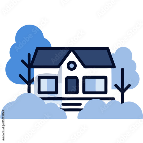 Stylized House Icon with Trees and Bushes in Blue Tones