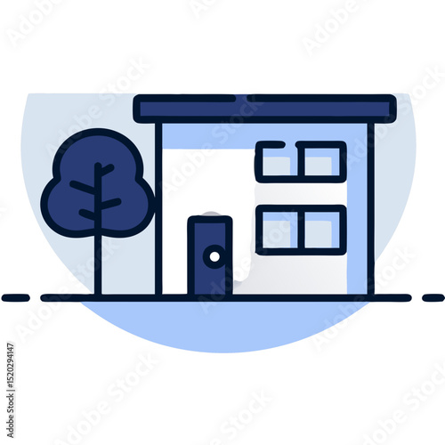 Stylized House Icon with Tree and Red Outline on Blue Background