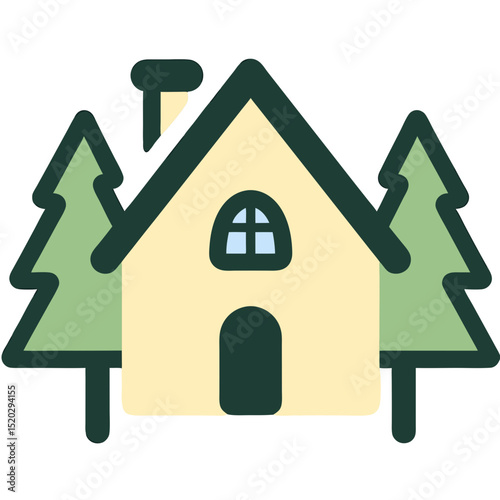 Stylized House with Chimney and Trees Icon Illustration