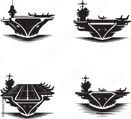 Aircraft Carrier silhouette set vector illustration isolated On Transparent Background