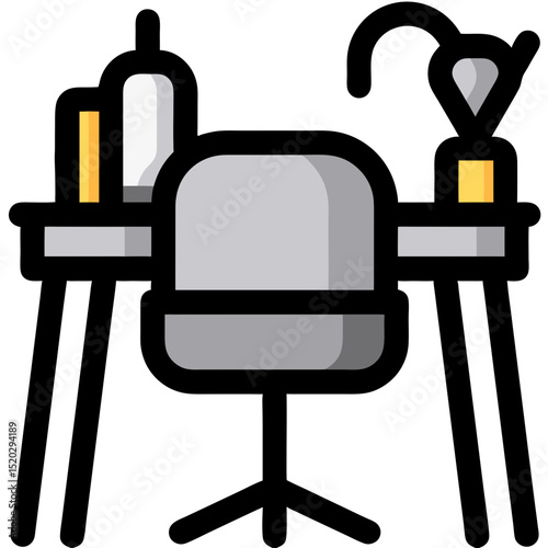 Stylized illustration of a desk chair and desk lamp