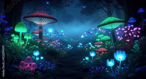 Luminous Glowing Mushrooms Trail Through A Dark Forest Scene With Colorful Light Display