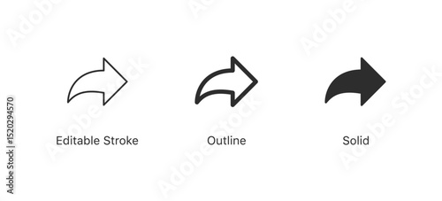 Share icon set. curved arrow symbol, Reply send forward icons button. Send message iconin three styles: editable stroke, outline, and solid flat style
