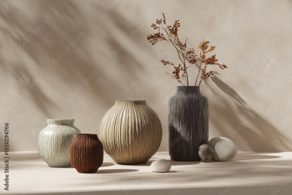 textured vases in earthy tones, on a beige background textured vases in earthy tones, on a beige background