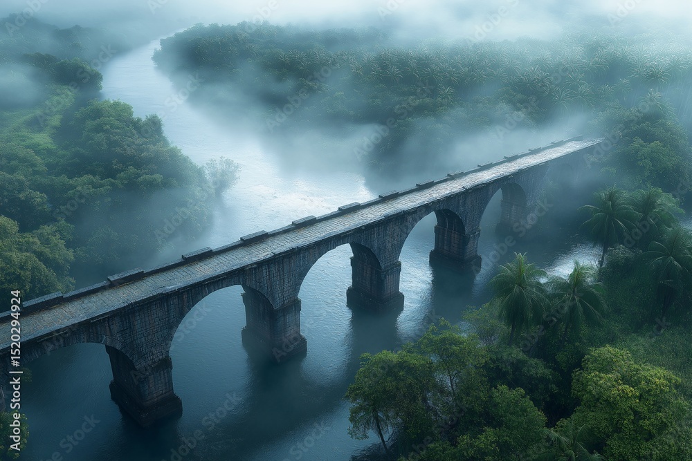 Fototapeta premium Vintage Bridge Across Misty River. Tranquil Landscape and Scenic Nature Reflections in Summer Photography