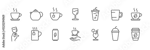Beverage icon set featuring coffee, tea, and cold drinks for design projects