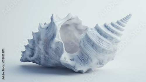 A delicate sea shell resting on a white background, highlighting its smooth curves, natural patterns, and soft sandy tones.
