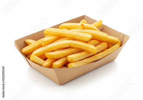 Fries in a cardboard tray on white background