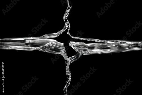 Detailed macro photograph of shattered glass against a stark black backdrop, emphasizing the sharp edges and complex fracture patterns, a study in fragility and destruction.