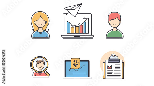 Email Marketing Essentials Icon Set A cohesive collection of six flat