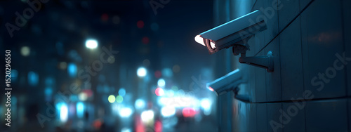 Street cameras against a blurred night city. Surveillance and security banner with copy space