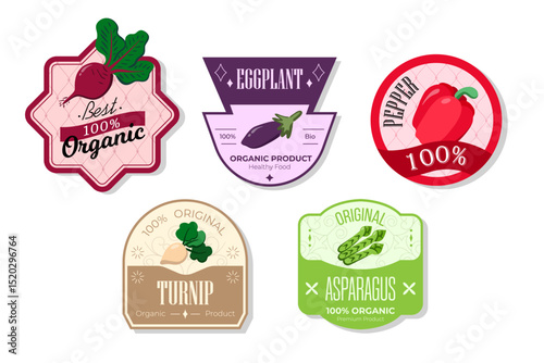 Retro fruits banner and labels. Different juices stickers. Packaging tags with turnip, asparagus, eggplant, pepper. Set of seasonal fruits labels stickers and marks or badges template for packaging