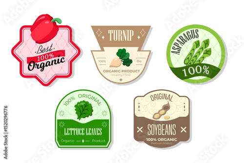 Retro fruits banner and labels. Different juices stickers. Packaging tags with soybeans, asparagus, turnip, lettuce. Set of seasonal fruits labels stickers and marks or badges template for packaging