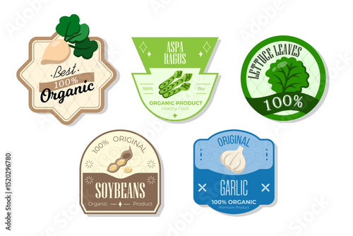 Retro fruits banner and labels. Different juices stickers. Packaging tags with asparagus, lettuce, soybeans, garlic. Set of seasonal fruits labels stickers and marks or badges template for packaging