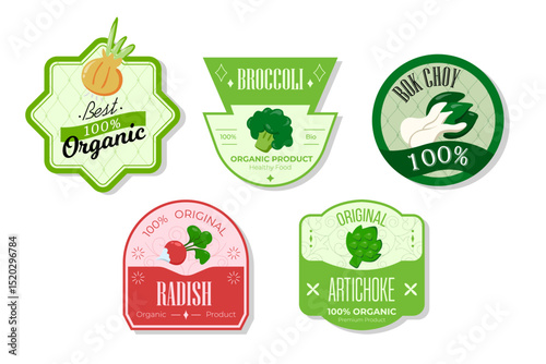 Retro fruits banner and labels. Different juices stickers. Packaging tags with radish, broccoli, artichoke, bok choy. Set of seasonal fruits labels stickers and marks or badges template for packaging