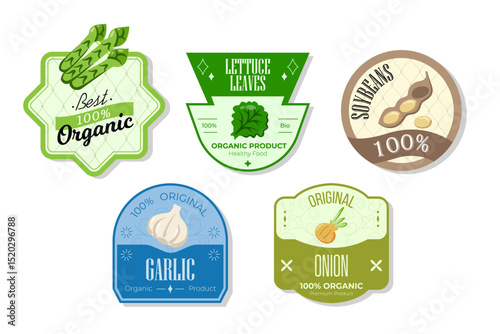 Retro fruits banner and labels. Different juices stickers. Packaging tags with lettuce, soybeans, garlic, onion. Set of seasonal fruits labels stickers and marks or badges template for packaging