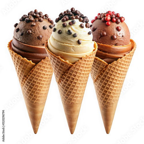 Three ice cream cones with chocolate and vanilla isolated on transparent background