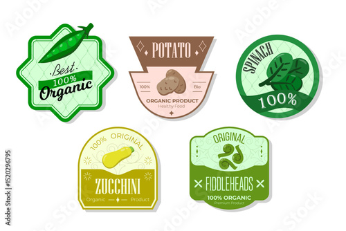 Retro fruits banner and labels. Different juices stickers. Packaging tags with potato, spinach, zucchini, fiddleheads. Set of seasonal fruits labels stickers and marks or badges template for packaging