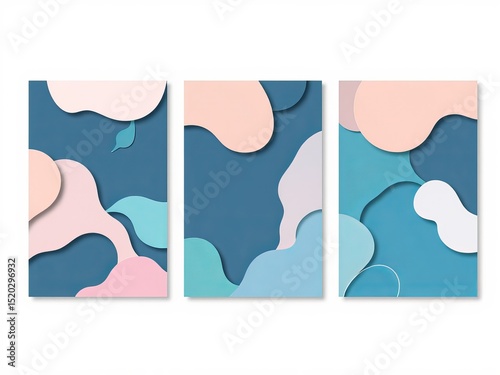 Three abstract paintings with layered organic shapes in pastel colors against a blue background wall art