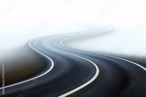 Misty Highway Curve. A Scenic Perspective of Foggy Curves and Winding Asphalt Roads