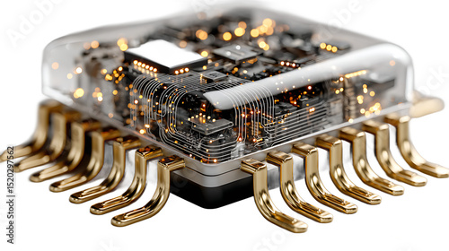 Detailed view of a microchip with golden pins and transparent casing