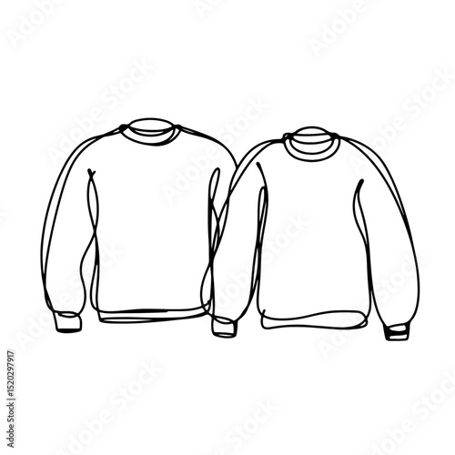Minimalist line art of two cozy sweatshirts on a clean white background representing fashion trends and comfort in apparel, concept of clothing retail or textile design