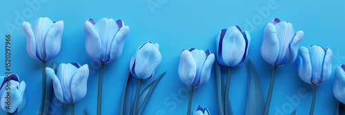 A row of vibrant blue tulips sits against a dark blue background, creating a serene and elegant floral arrangement.