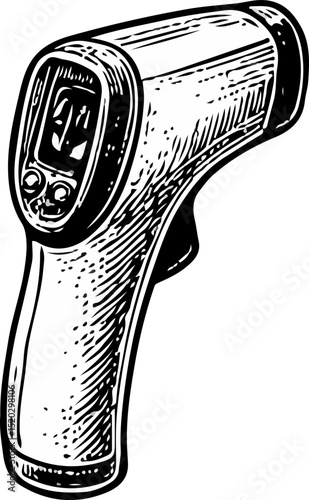  Vintage-style sketch of a forehead infrared thermometer for contactless temperature checks