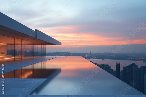 Modern Architecture Skyline at Sunset. High-Rise Reflections Along the River - Vibrant Urban Cityscape & Luxury Infinity Pool with Scenic Travel Views