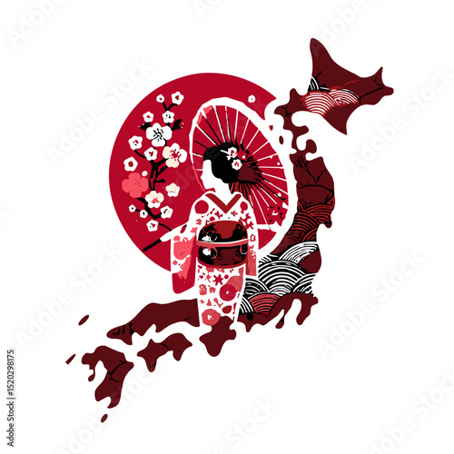 Traditional Japanese geisha silhouette with parasol inside map of Japan, red and black vector illustration with cherry blossoms and cultural motifs 
