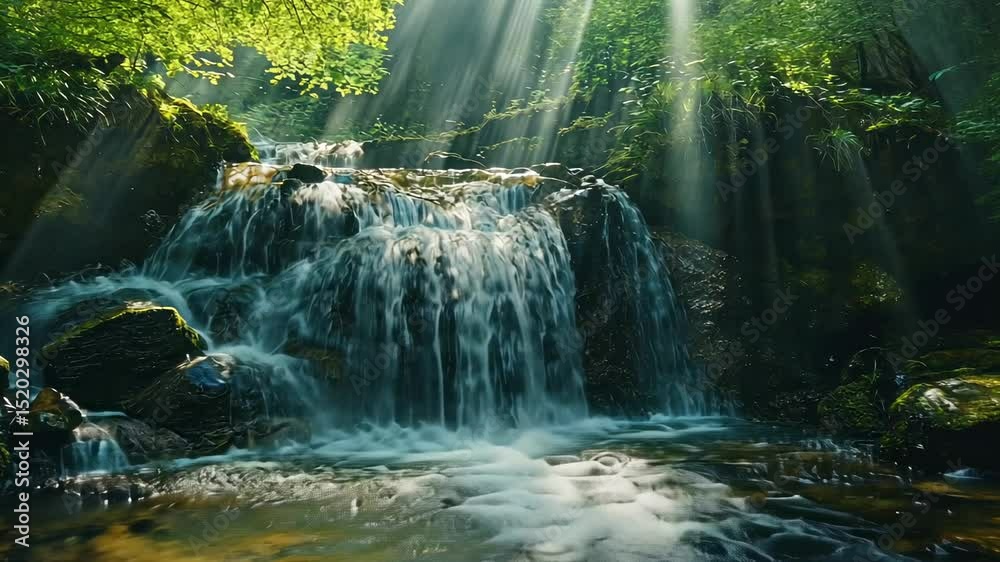 Sunlight streams through lush forest to a tranquil waterfall
