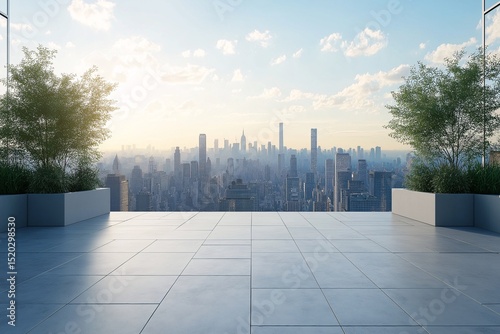 Modern Urban Oasis. High-Altitude Cityscape with Skyline, Skyscrapers, and Lush Rooftop Garden During Sunset